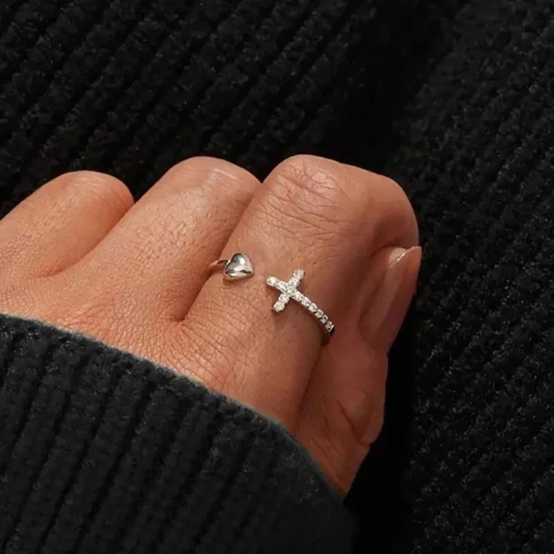 Wholesale Platinum Plated Women Christian Cross Adjustable Wedding Ring Simple Heart Shape Open Diamond Ring