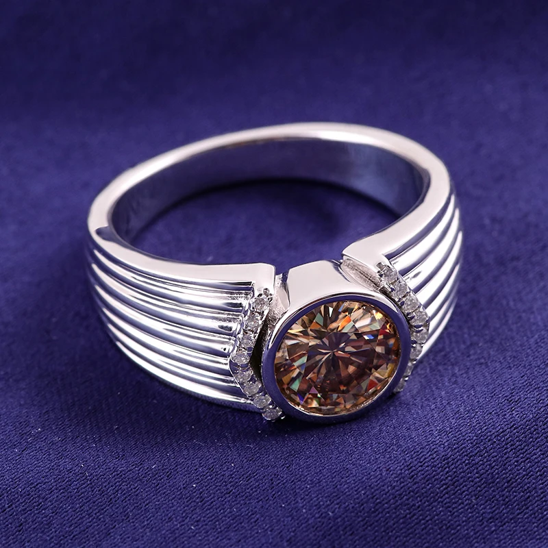 Champagne VVS1 Lab Grown Moissanite Diamond White Gold Man Ring 9mm 3ct Bezel Setting 14K White Gold Plated Silver 925