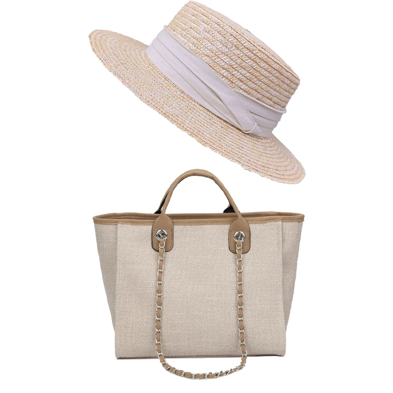 Best Selling Large Capacity Solid Color Beach Bag And Summer Hat Set Canvas Beach Fashion Tote Handbag Hat And Purse Set
