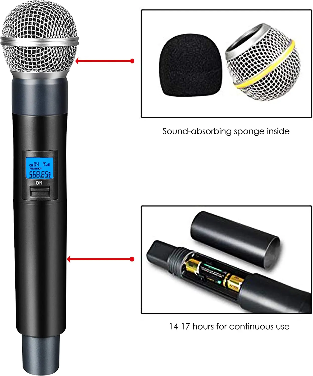 OKSN 4-Channel Wireless Microphone System Quad UHF Metal Cordless Mic 4 Handheld Mics