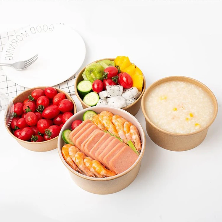 Custom printed 32 oz eco kraft to go take away food soup salad packaging disposable noodle takeaway craft paper bowls with lid