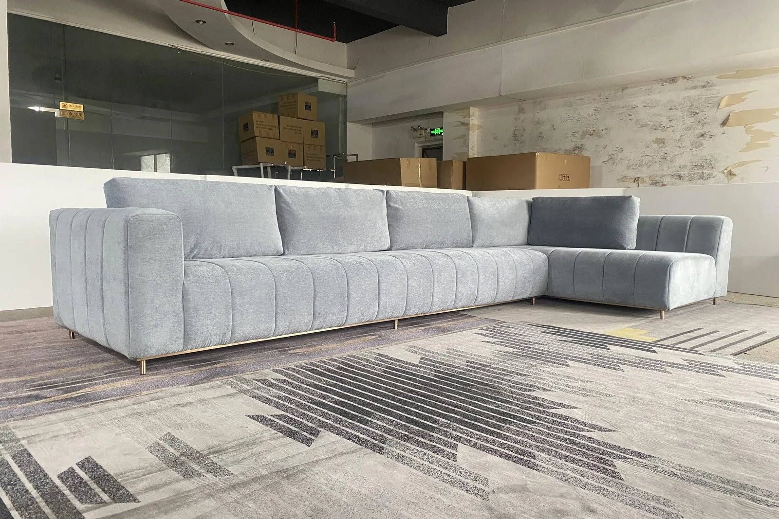 piano key sky blue L shape grand size living room sofa