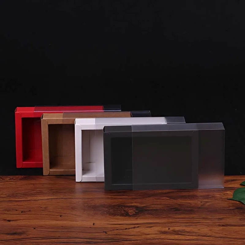 Cheap Wholesale Rectangle foldable slider paper drawer box packaging with transparent  pvc plastic window sleeve for jewelry