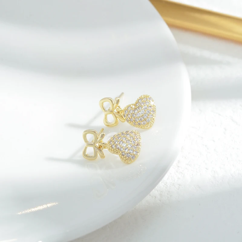 ED80295 Korean fashion gold plated women jewelry diamond heart drop bowknot stud earrings