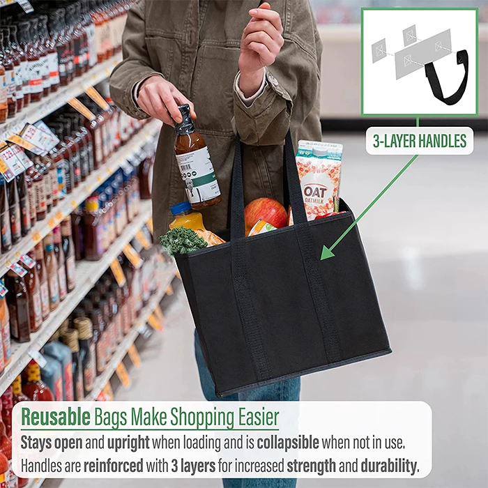 Custom Heavy Duty Collapsible Reusable Non woven Fabric Grocery Shopping Bags With tote Handle