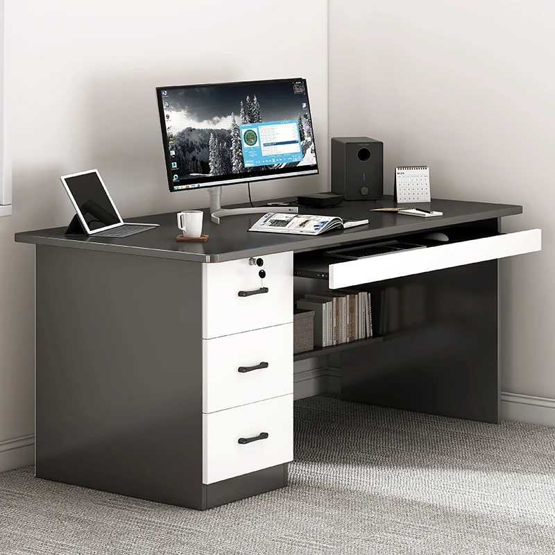 Unique Modern Home Office Grey Computer Desk with 3 Drawers and Cable Hole for Bedroom