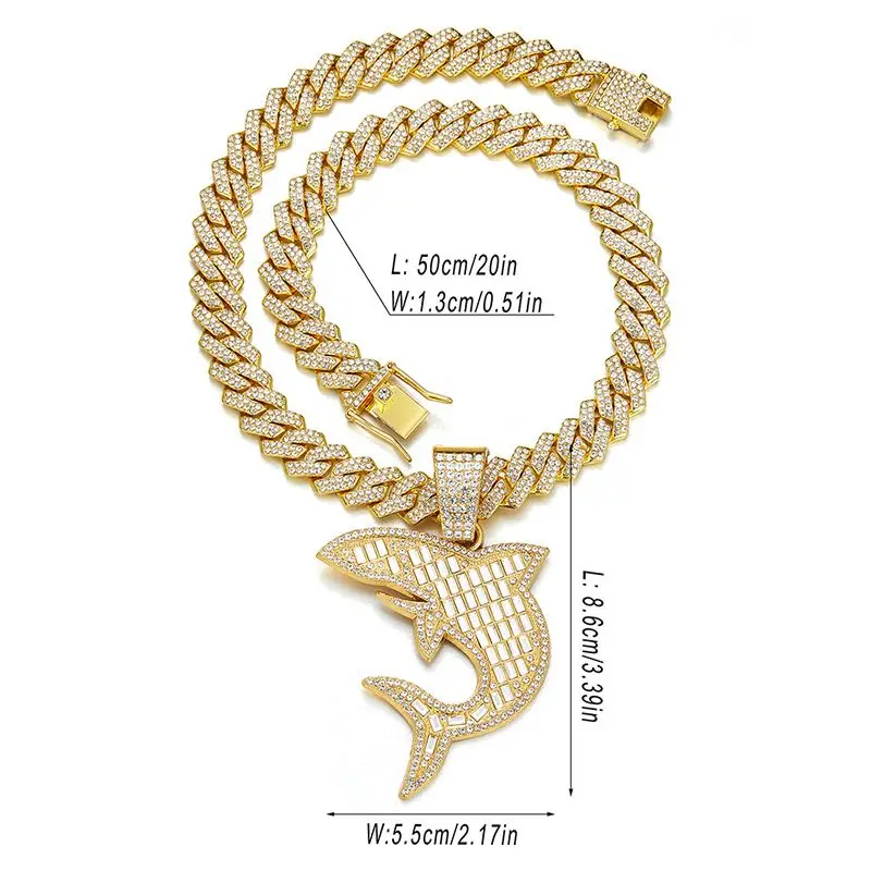 2024 New Hot Sell Iced Out Miami Chain with Alloy and Bling Rhinestone Hip Hop Shark Shape Pendant Necklace