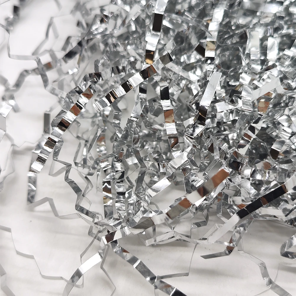 Custom Valentine Craft Crepe Shredded Paper Fillets Sliver Foil Metallic Rafia Crinkle Cut Paper Shred Filler For Gift Wrapping