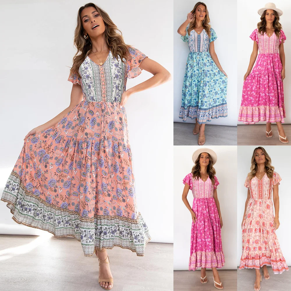 2022 Summer Floral Boho Chic Beach Summer Bohemian Long Dress Womens vestidos mujer Wholesale Bandage Dresses For Women