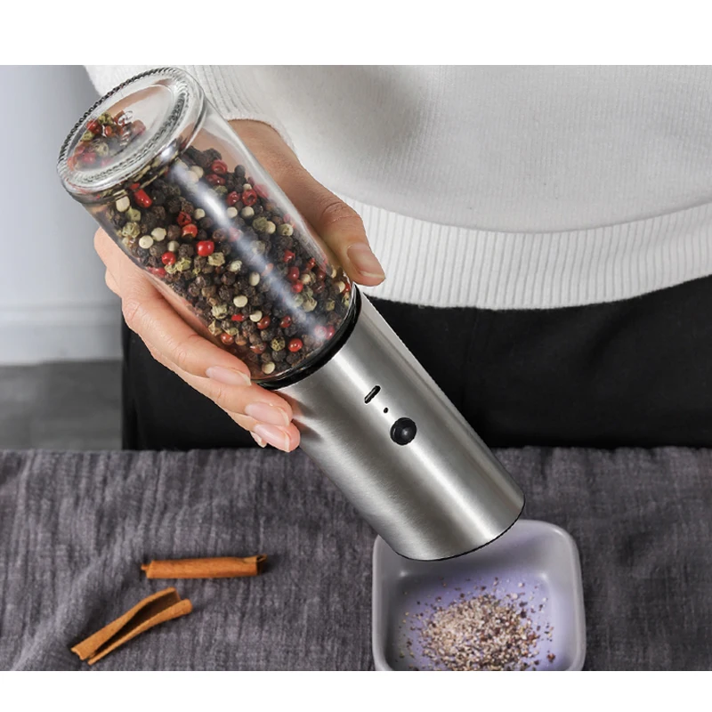 304 Stainless Steel Ceramic Burr Gravity Rechargeable Electric Spice mills set Salt and Pepper Grinder with LED Light