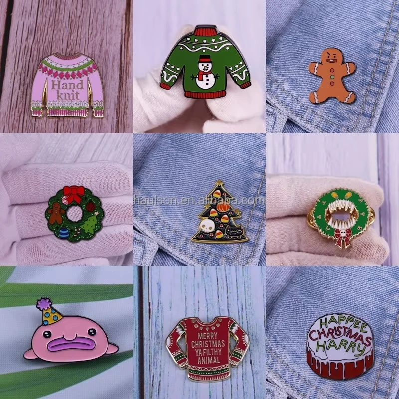 Custom Enamel Pins Christmas Tree Sweater Lapel Cat Biscuits Brooch Unique Christmas Decoration New Year Badge Gift for Children