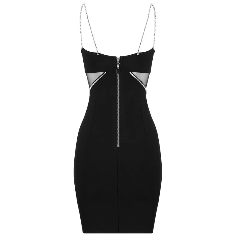 European and American Fashion Bandage Dress with Diamond Sling Chain Mesh Splicing Dress Sexy Party Dress