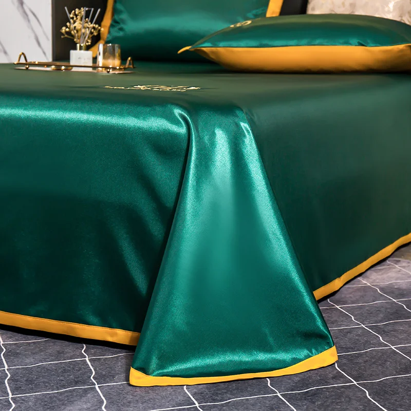 Dark Green Solid Color Ice Silk Lace Summer Embroidery Washable Bed Spreadsheet 3PCS Set