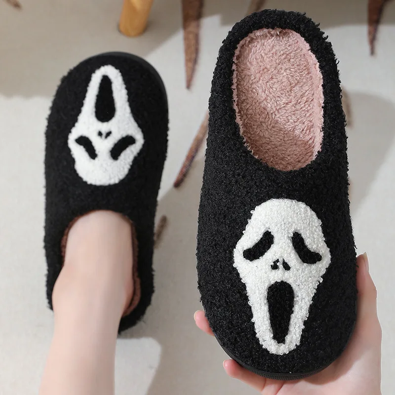 Winter Home House Design Logo Pattern Skull Pumpkin Custom Fuzzy Furry Plush Smile Slipper Fur Cotton Slippers for Men Women