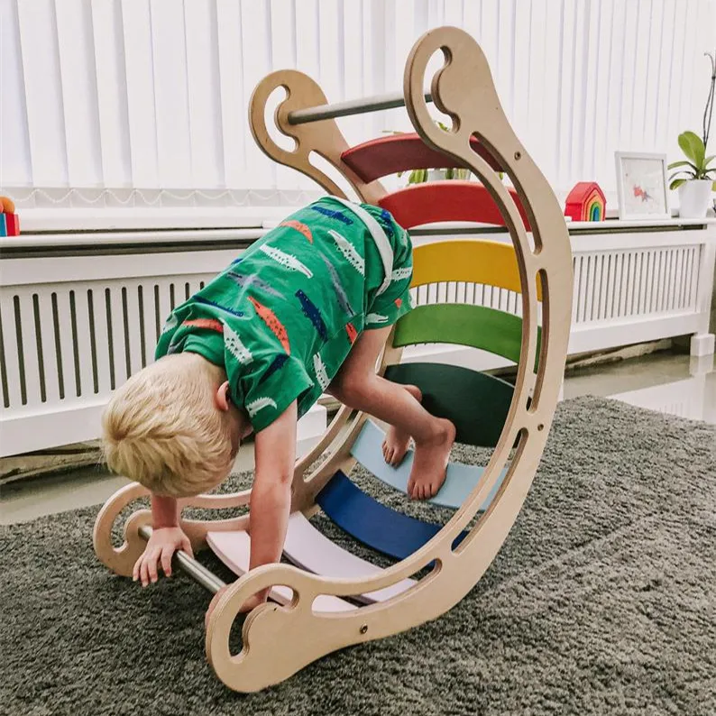 Xiair Kids Wooden Rocking Boat Board Toddler Educational Montessori Waldorf Rainbow Rocker Board