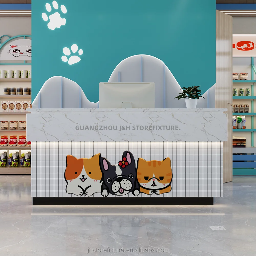 High quality retail supermarket white mdf cashier table with led light custom logo size checkout counter