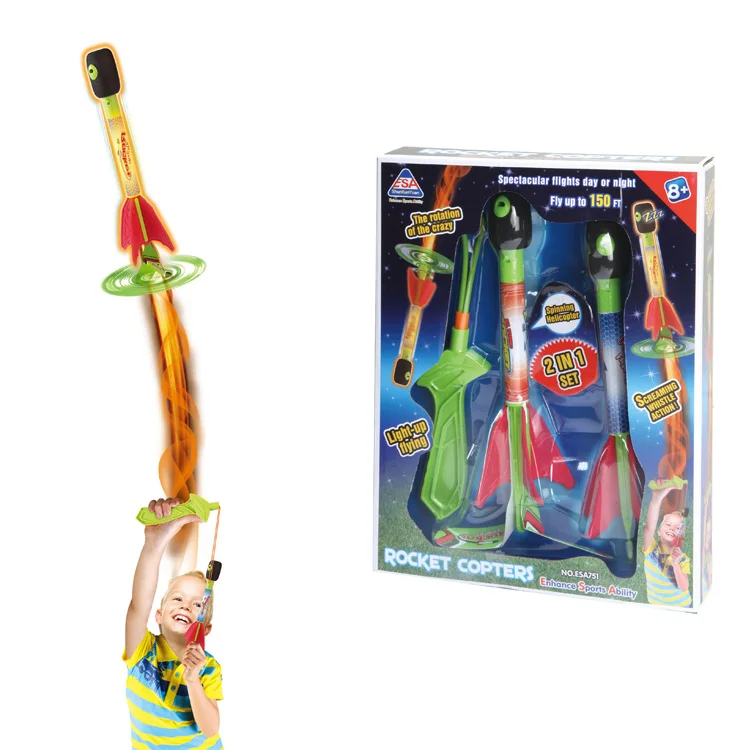 Outdoor Camping Game Activities Slingshot Finger Rockets, 2 in 1 LED Pump Shooter Rocket Launchers Toys Gifts for Kids
