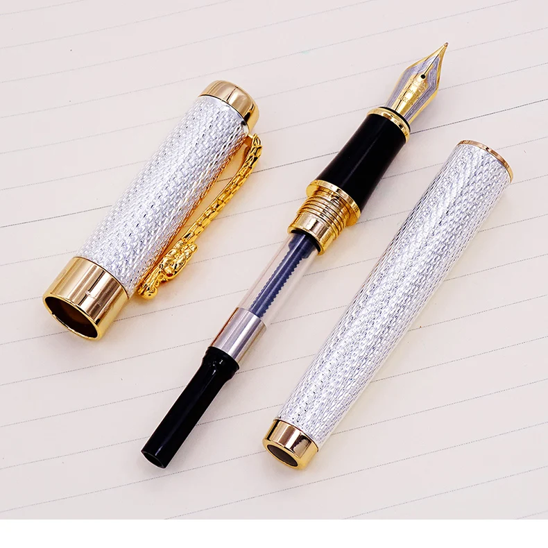 Jinhao 1200 Vintage Luxurious Fountain Pen Beautiful Ripple with Dragon Clip, Noble Silver Metal Carving Ink Pens Collection