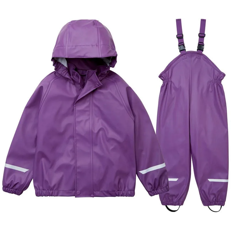 2022 waterproof children boys girls PU recycled rain jacket and trousers set reusable rubber kids pu rainwear