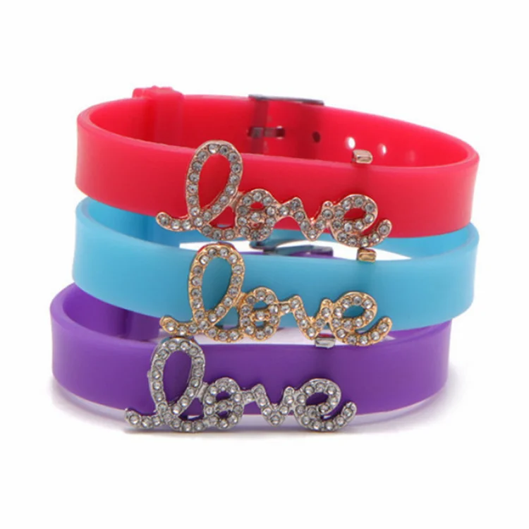 Newest design multi color rhinestone slider charms silicone bracelet wholesale kids charm bracelets