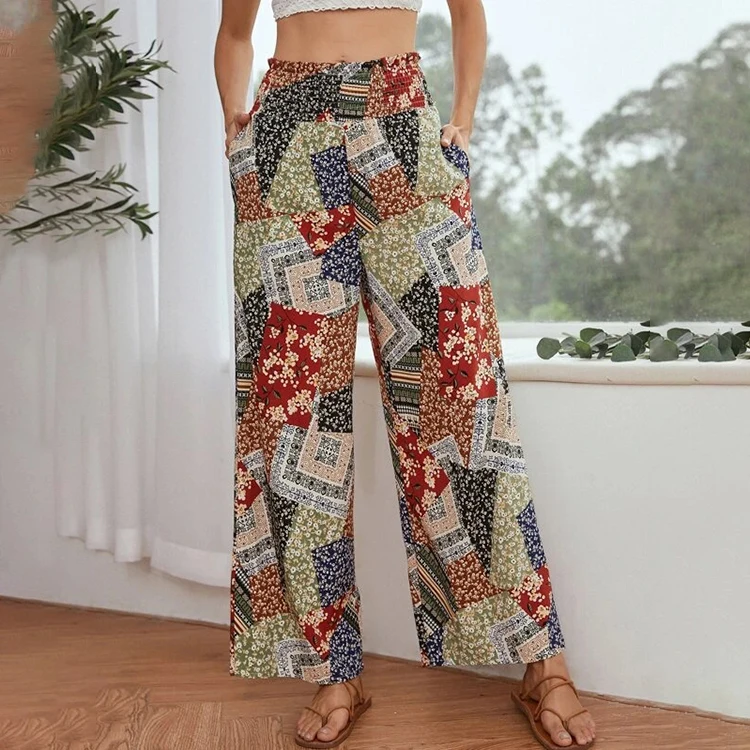 Patchwork Floral Print Pants Women Shirred Elastic Waist Paper Bag Waist Pants & Trousers Ditsy Floral Patchwork Wide Leg Pants