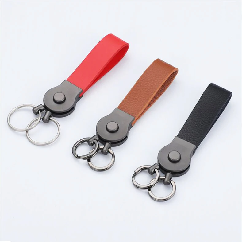 Customized logo and shape pearl nickel brass plated metal leather strap key ring carabiner hook keychain