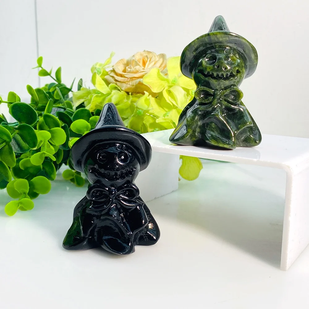 Natural Healing Gemstone Crystal Black Obsidian And Green Jade Witch Carvings For Home Decoration Gifts
