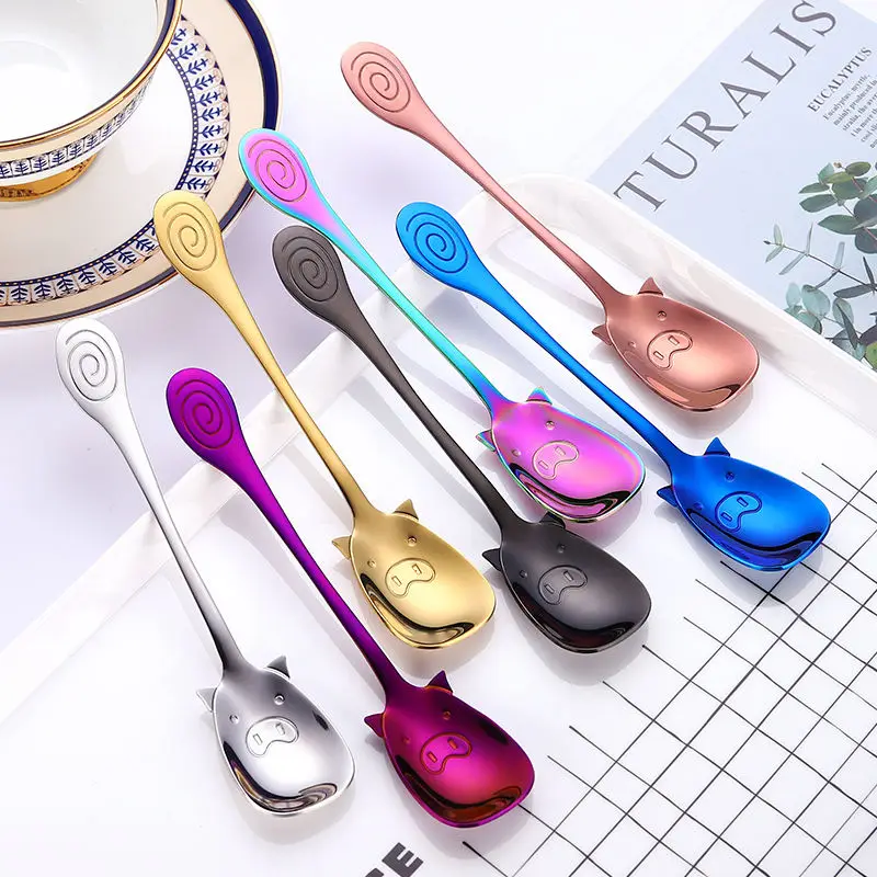 Colorful 304 Stainless Steel Pig Cartoon Spoon Fork Mini Dessert Fruit Salad Tea Coffee Ice