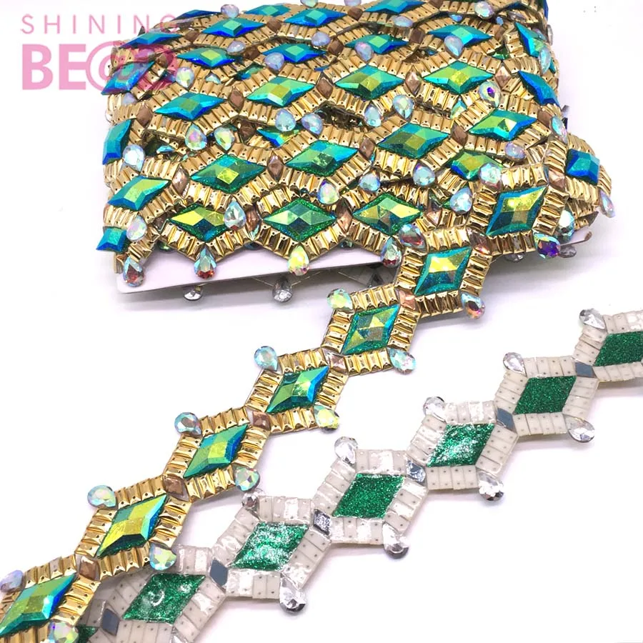 Hot Fix Carnival Accessories Crystal Pink/Green AB Rhinestone Applique Trim Iron On Rhinestone Banding Trim for Costume