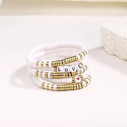 Girls Stackable Layered Pinky Surf Clay Beaded Stretch Bracelet set couple bracelet long-distance touch love