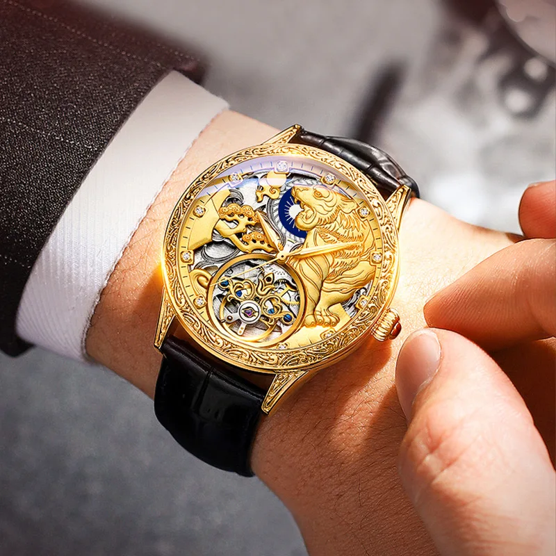 Classical Engraved Case And Bezel Cow Leather Strap 3D Gold  Animal Pattern Flywheel Skeleton Automatic Watch Winder