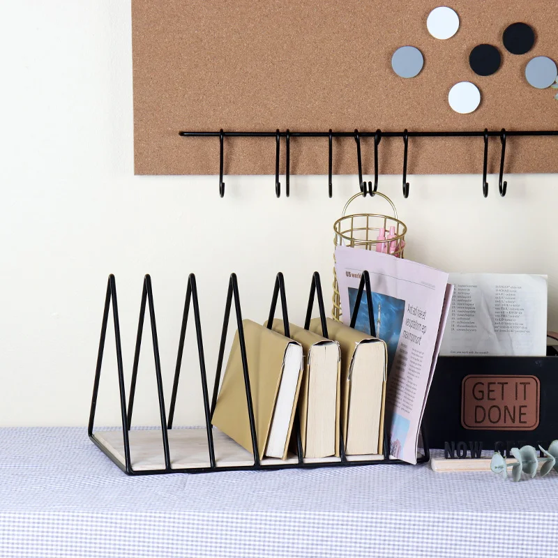 
Triangle File Folder stand Iron Art Storage Book Rack Bookshelf Magazine Newspaper Holder Desktop Organizer with Wooden base 