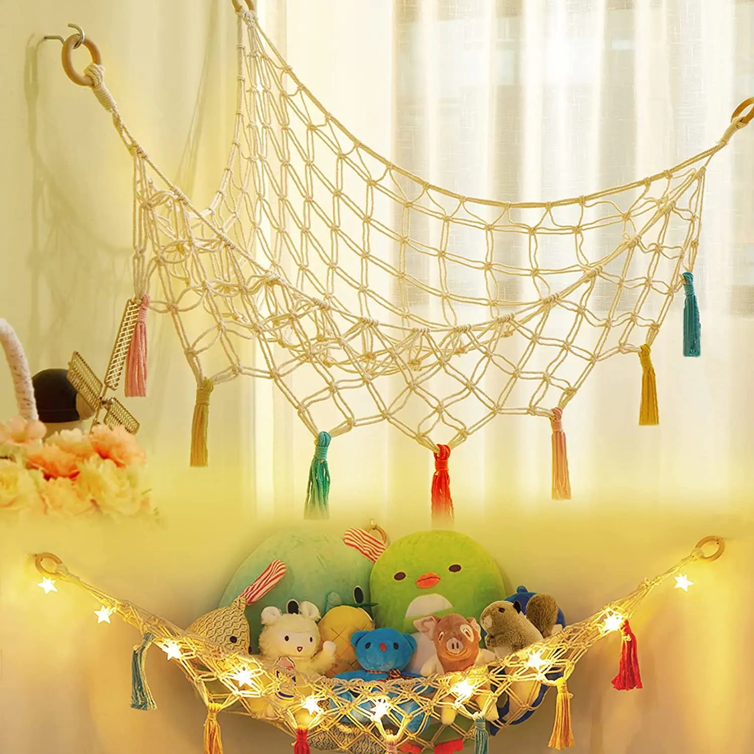 Toy Hammock for Stuffed Animal Macrame Toy Net with Light and Clips Boho Plush Holder storage