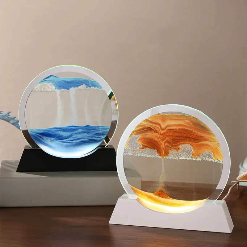 Manufacturer Solid wood quicksand painting nightlight decoration dynamic hourglass lamp 3d creative decompression lamp