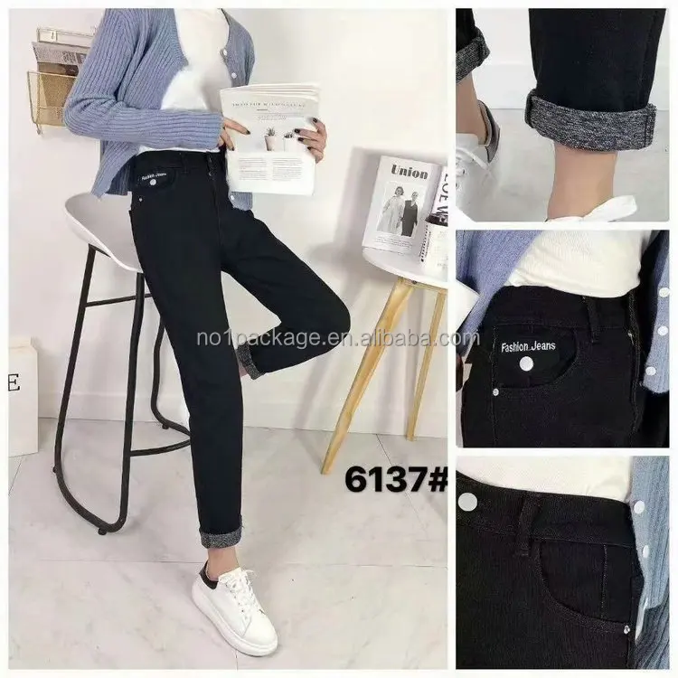 3.55 Dollar Model YH-AW003 Good Quality Wholesale Ladies Pure Black Thick Material Autumn Winter Low Rise denim jeans