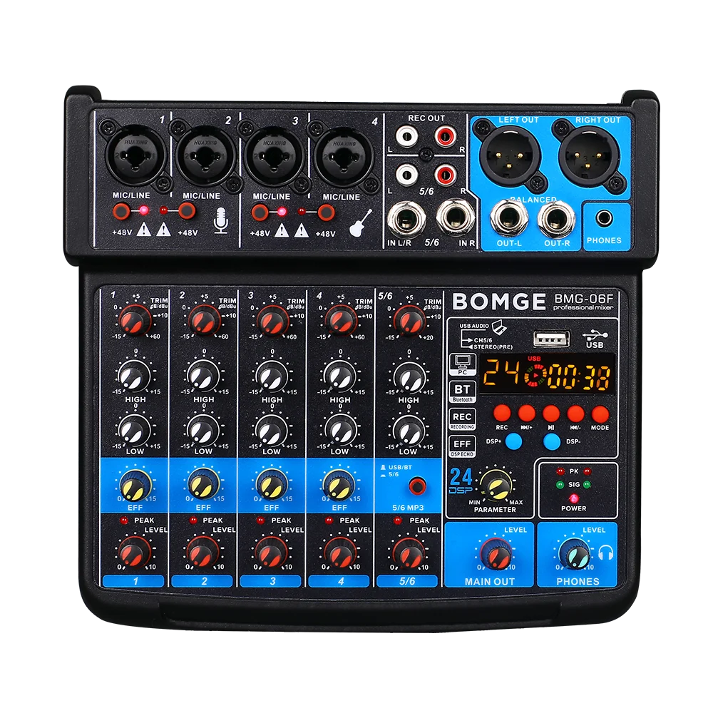 BMG-06F 6 Input Audio Mixer 6 Channel Analog Mixing Console with USB,48V,24 DSP