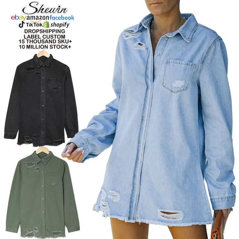 Hot Sale Stylish Distressed Ripped Cotton Casual Women Jean Denim Jacket