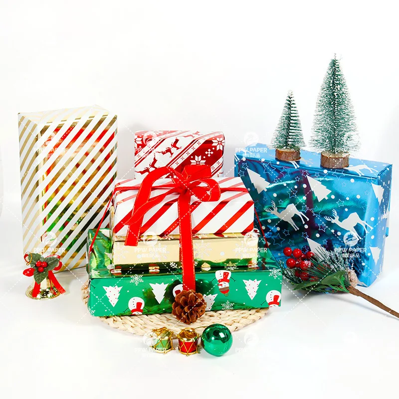 Custom Double-sided Printing Shinny Aluminized Foil Christmas Gift Wrapping Paper Roll for Packaging