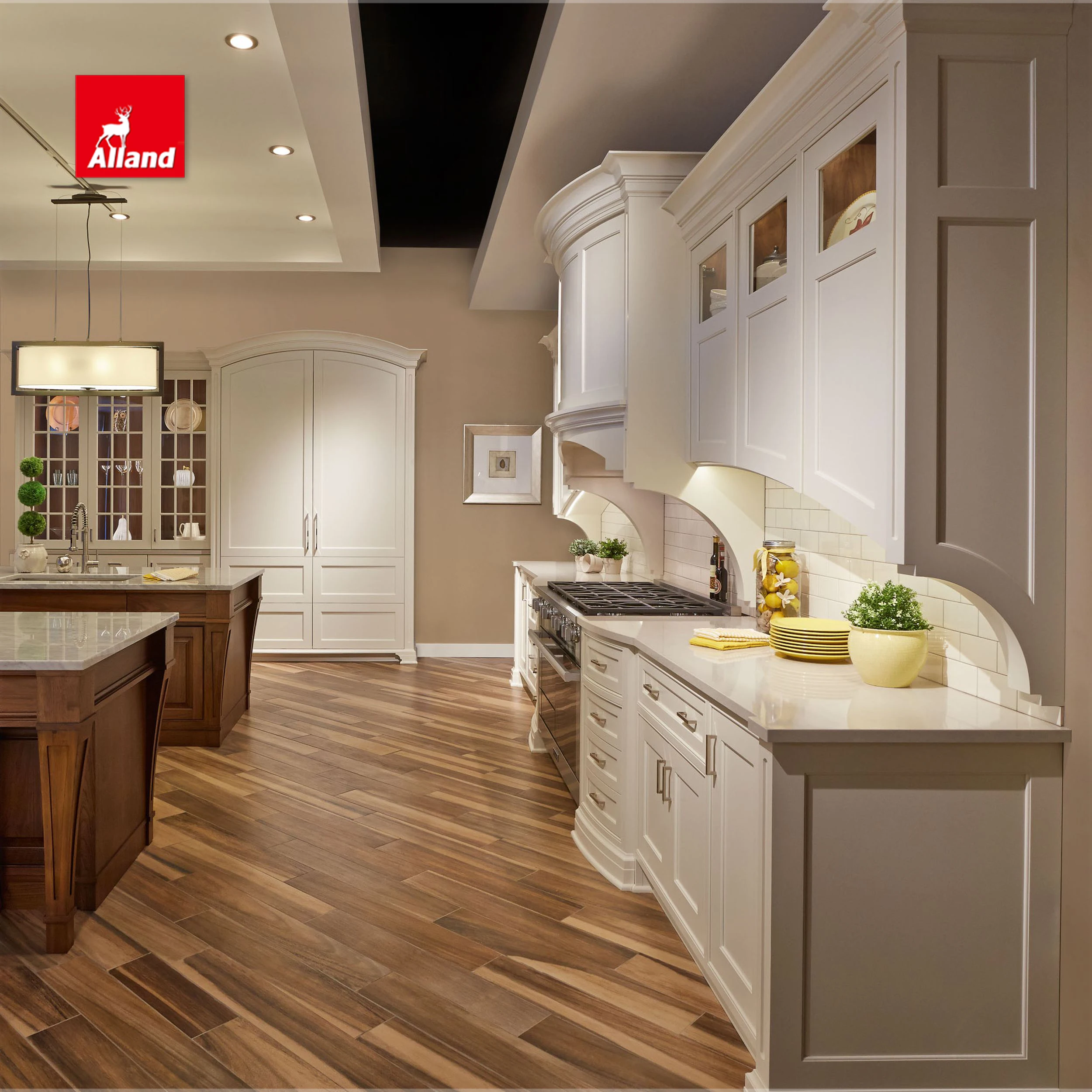 Noble Harmonious Walnut Hardwood Kitchen Cabinet With Horse Legs Double Island And Inner Drawers In Massive Pantry