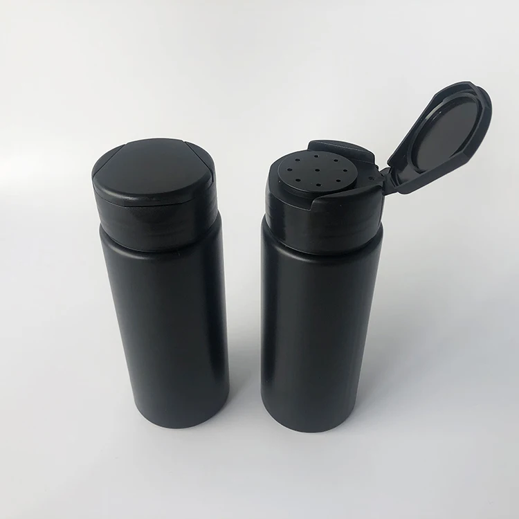 Wholesale empty 150ml black plastic baby talcum powder bottle, 150grams loose powder bottle container with flip top cap