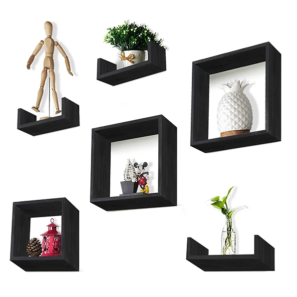 Floating Shelves Set of 6 - Rustic Wood Wall Shelves with 3 Small U Shelve and 3 Square Boxes for Free Grouping