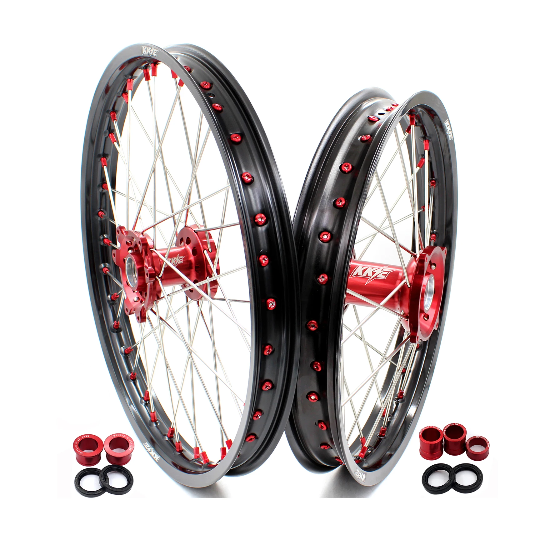 KKE Motorcycle Alloy Spoked Wheels Rims Set Fit HONDA CRF250R 2004-2013 CRF450R  2002-2012 Aluminium Red Hub/Nipple