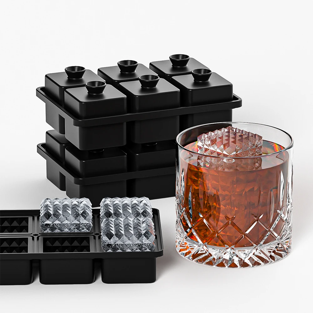 Slow Melting  6 Cavity Prism Ice Mold Set of 2 Square Whiskey Ice Cube Maker Crystal Sphere Ice Ball Mold With Funnel
