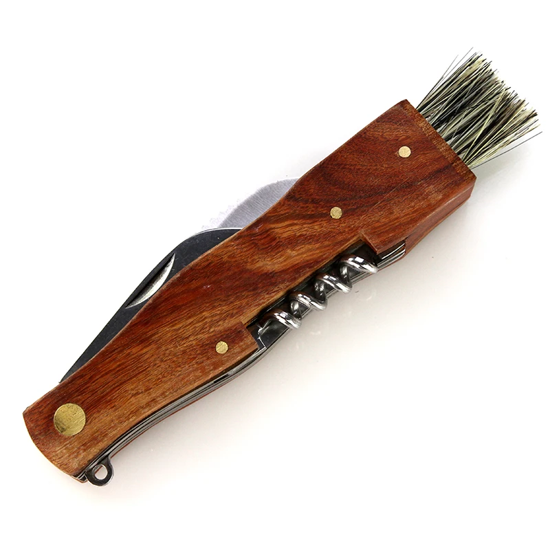 Stainless Steel Rosewood Handle 5 in1 Brush Cork Screw Bottle Opener Keychain Folding Mushroom Knife