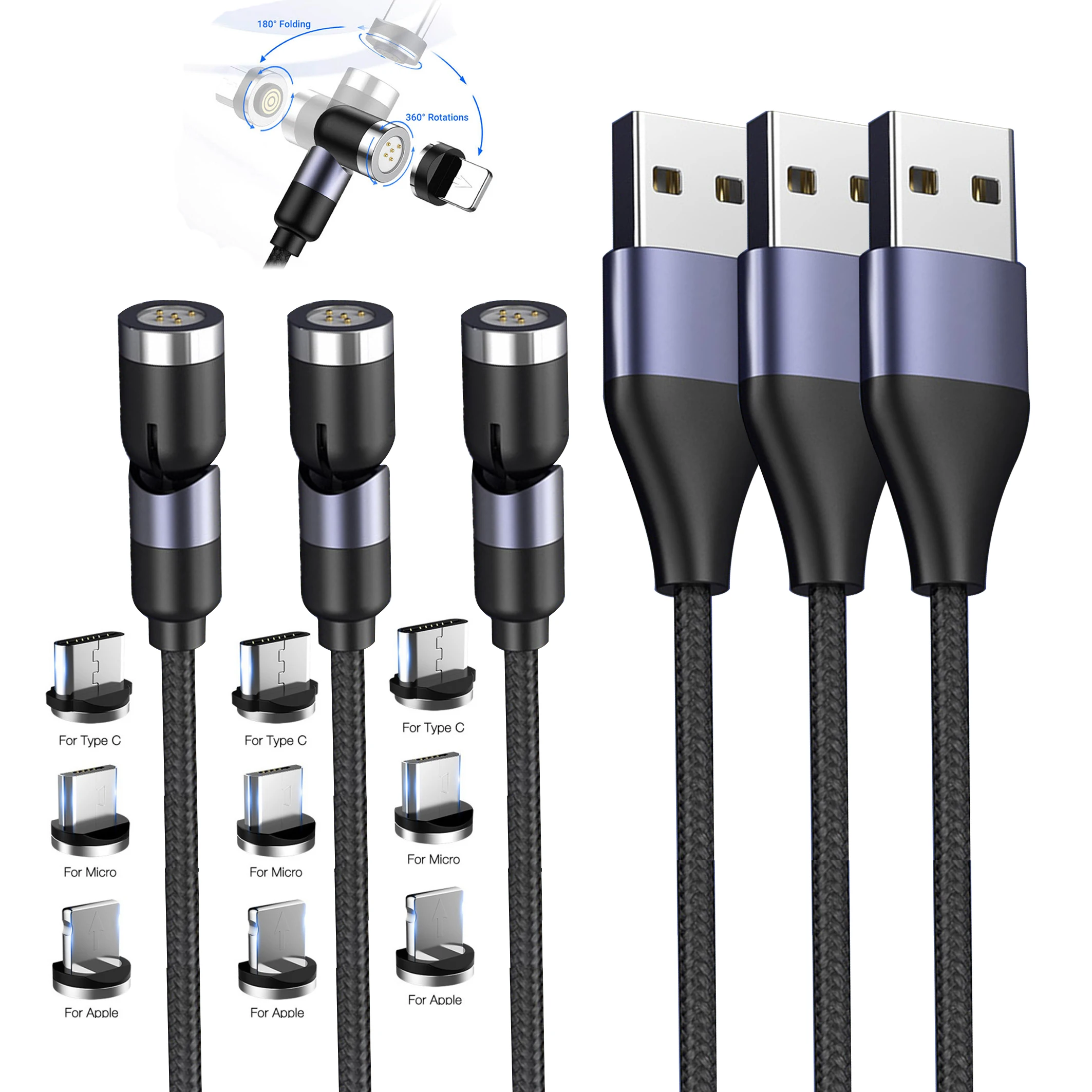  Продукт 6 шт. подарочная упаковка 5A Магнитный usb-кабель 3 в 1 вращающийся на 540 градусов зарядный кабель Тип c 0 5 м