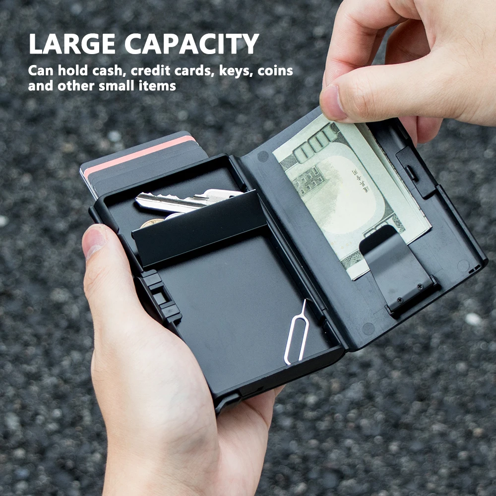 RFID Blocking Card Holder Wallet with Money Clip Slim Secure and Crush Resistant Minimalist Money Clip for Coin Key U Disk