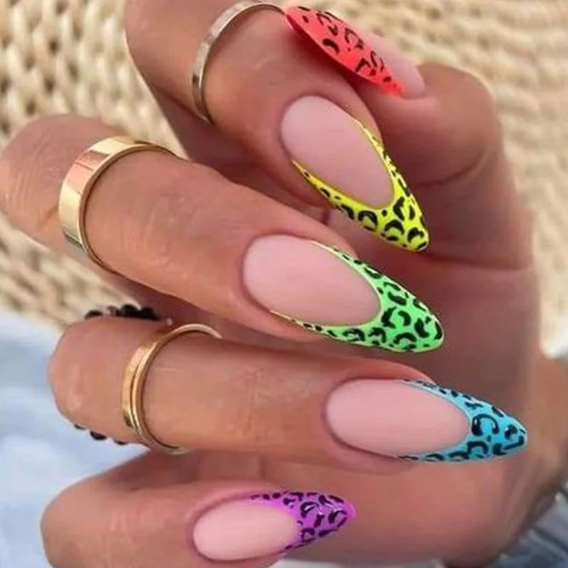 Colorful Leopard Print French Tip Press on Nails Almond Medium Length Matter False Nails With Sticky Tabs Full Cover Artificial