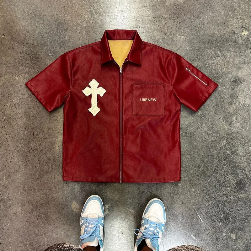 Custom Applique Logo Blue Lining Short Sleeves Button up Chest Flap Pockets Men Pu Leather T-Shirts