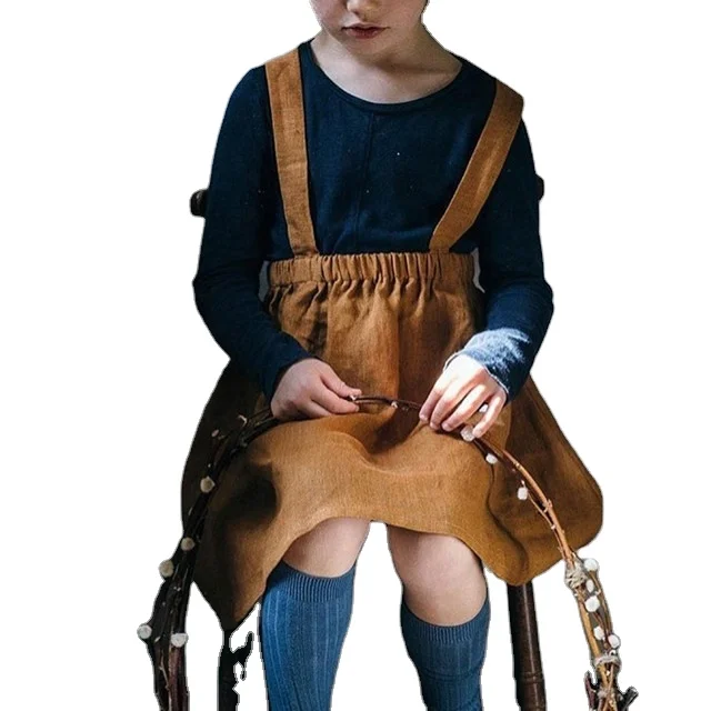 Australia Korean OEM Baby Skirts Plain Autumn Dresses Girls Back Bows Lace-up Cotton and Linen Dress Overalls
