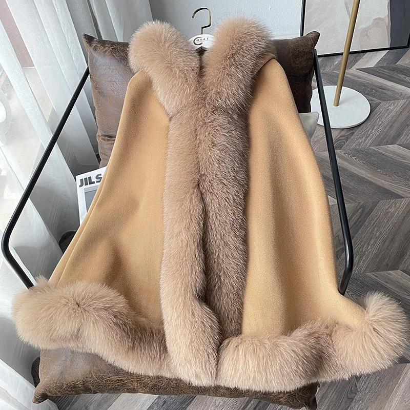 Winter coat fur collar sleeve quality fabric women fox fur cape wholesale cashmere cape with fur with hood